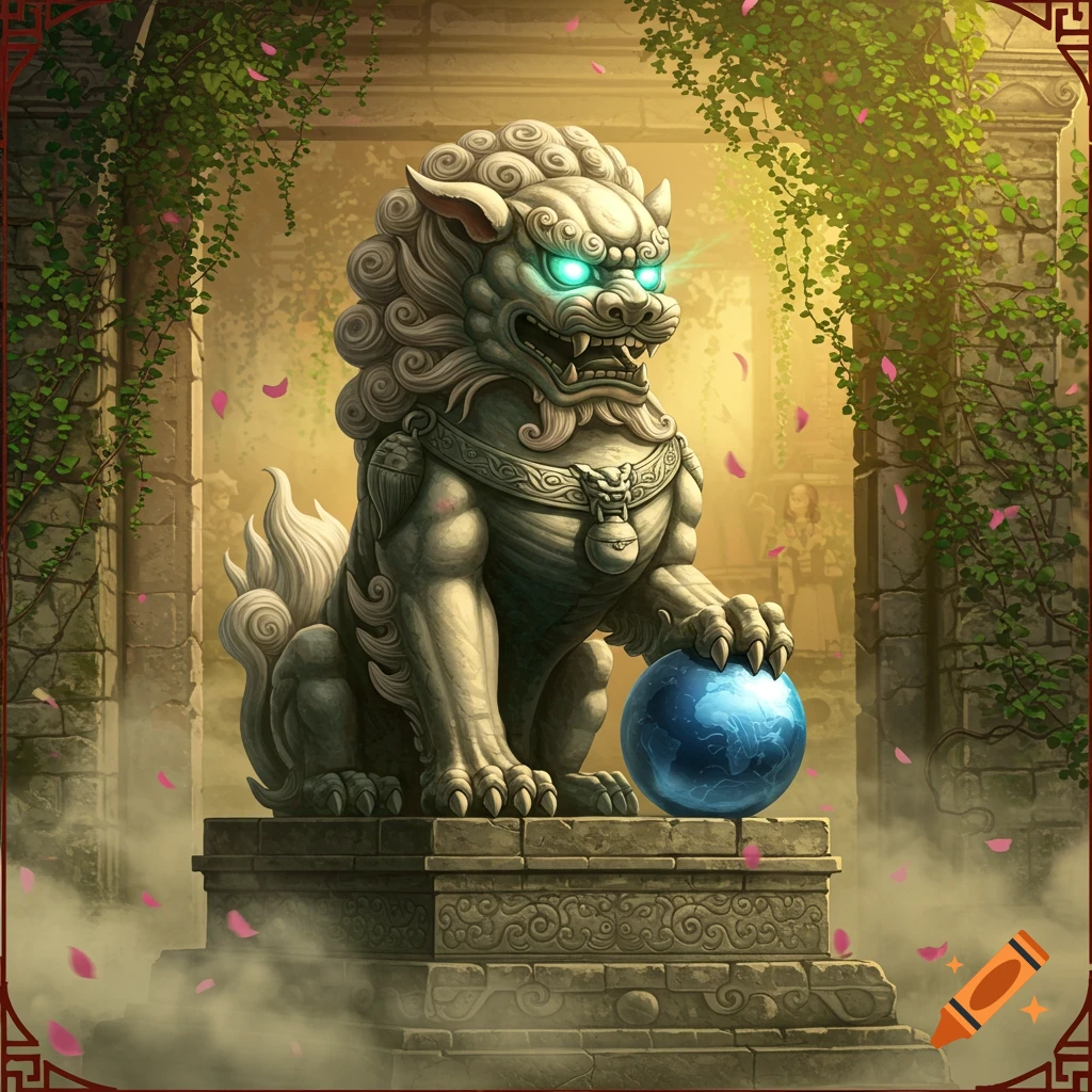 A majestic stone foo dog statue with glowing green eyes rests its paw on a blue globe amidst ancient ruins with vines and falling pink petals.