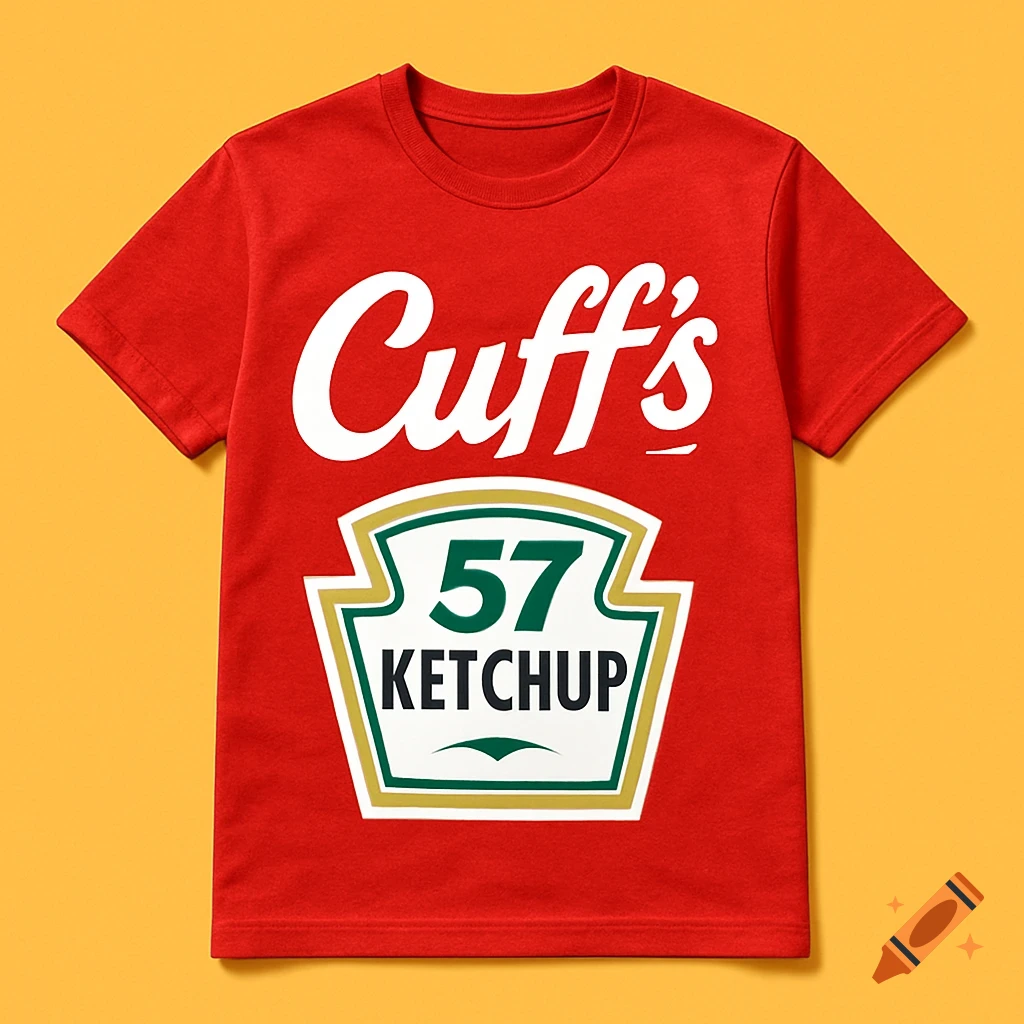 A red t-shirt featuring a logo similar to Heinz ketchup, but with 'Cuff's' replacing 'Heinz'.