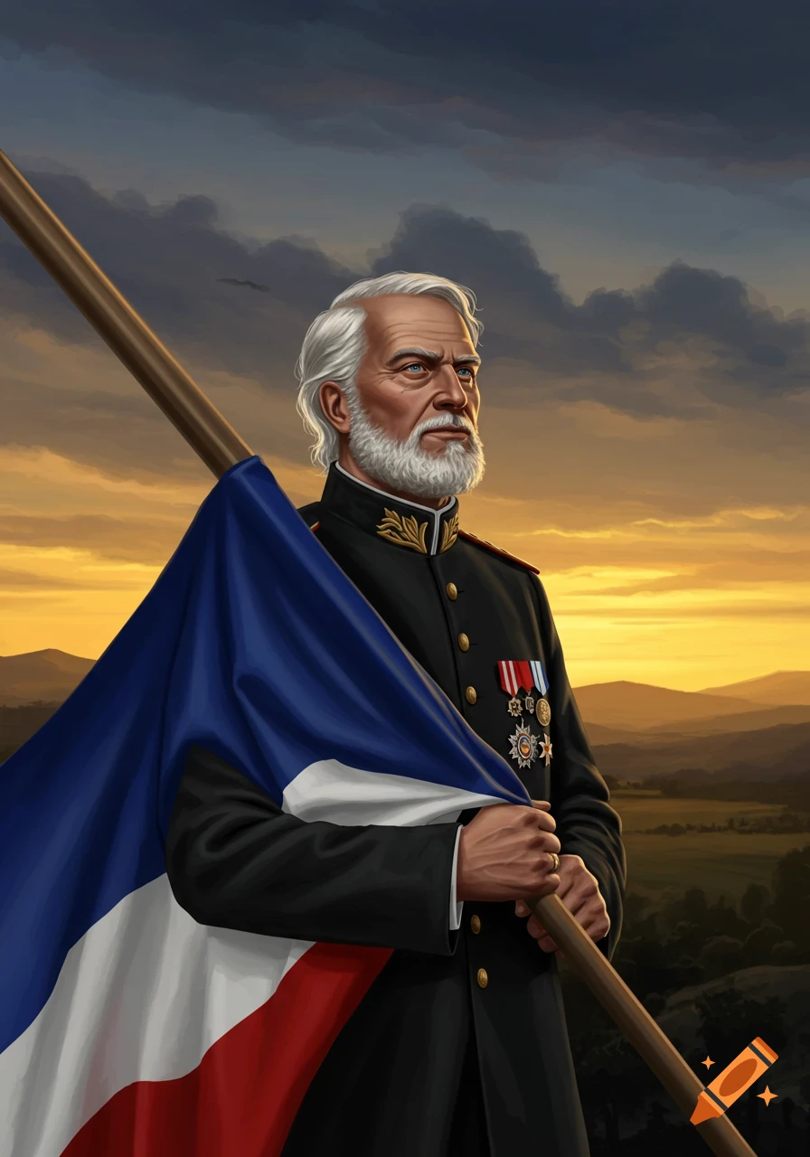 A dignified elderly man in a military uniform holding a red, white, and blue flag against a sunset landscape.