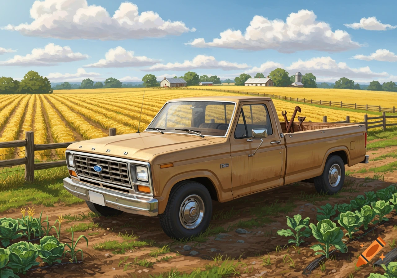 A tan 1986 Ford pickup truck is parked on a dirt path next to a golden crop field under a blue sky with white clouds. Farms are in the background.