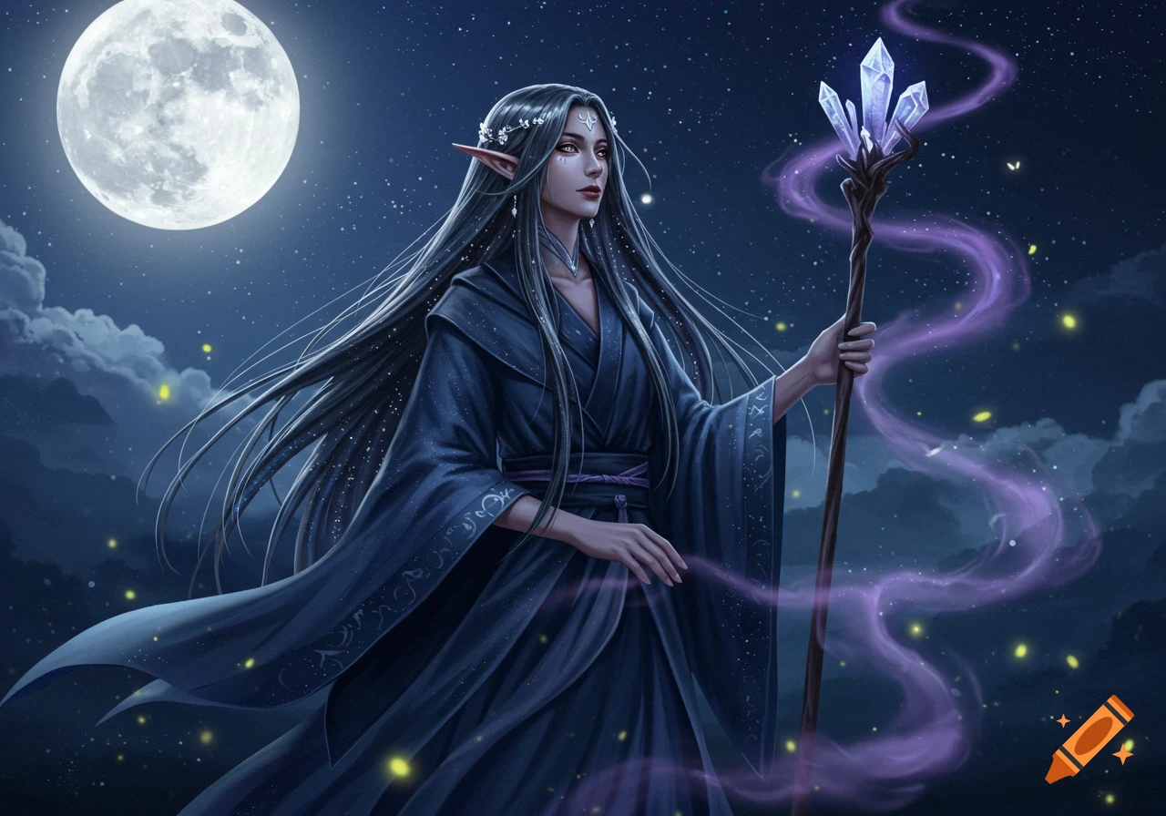 An elf-like woman with long dark hair holds a glowing crystal staff under a full moon in a starry night, a digital painting.