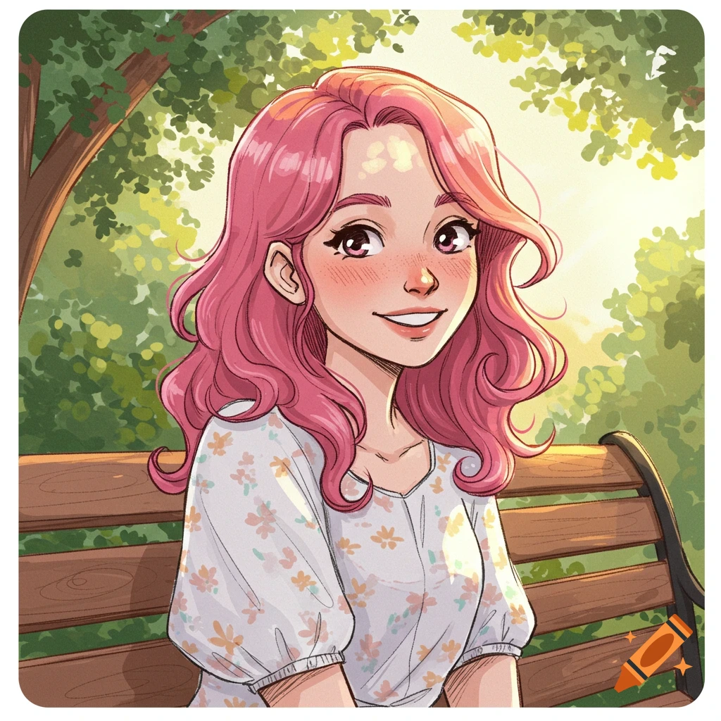 An anime-style illustration of a smiling girl with pink hair sitting on a wooden bench in a sunny park.