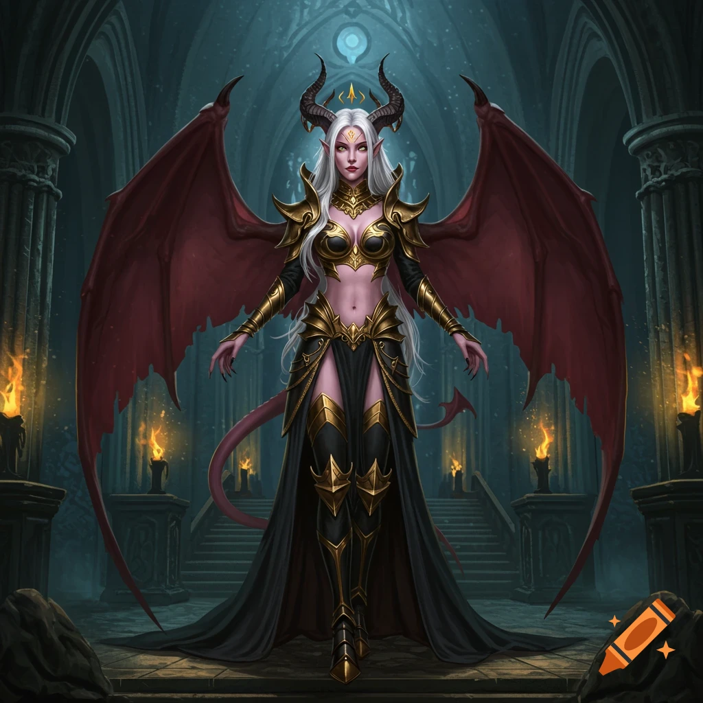 A powerful female demon-human hybrid with white hair, gold horns, and large red bat wings stands in a dark, candlelit hall wearing black and gold armor.