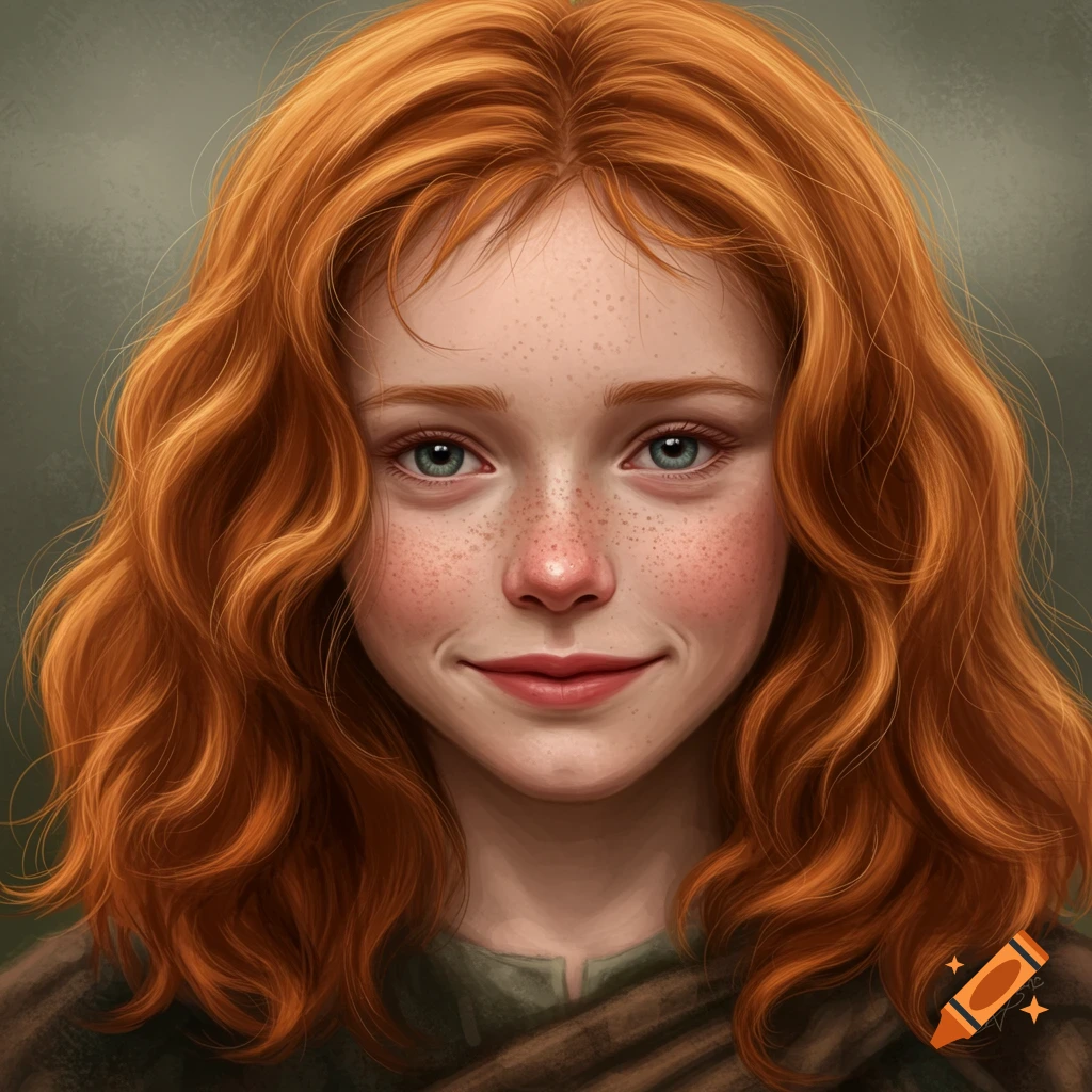 A close-up portrait of a young girl with red hair and freckles smiling softly, with light blue eyes.