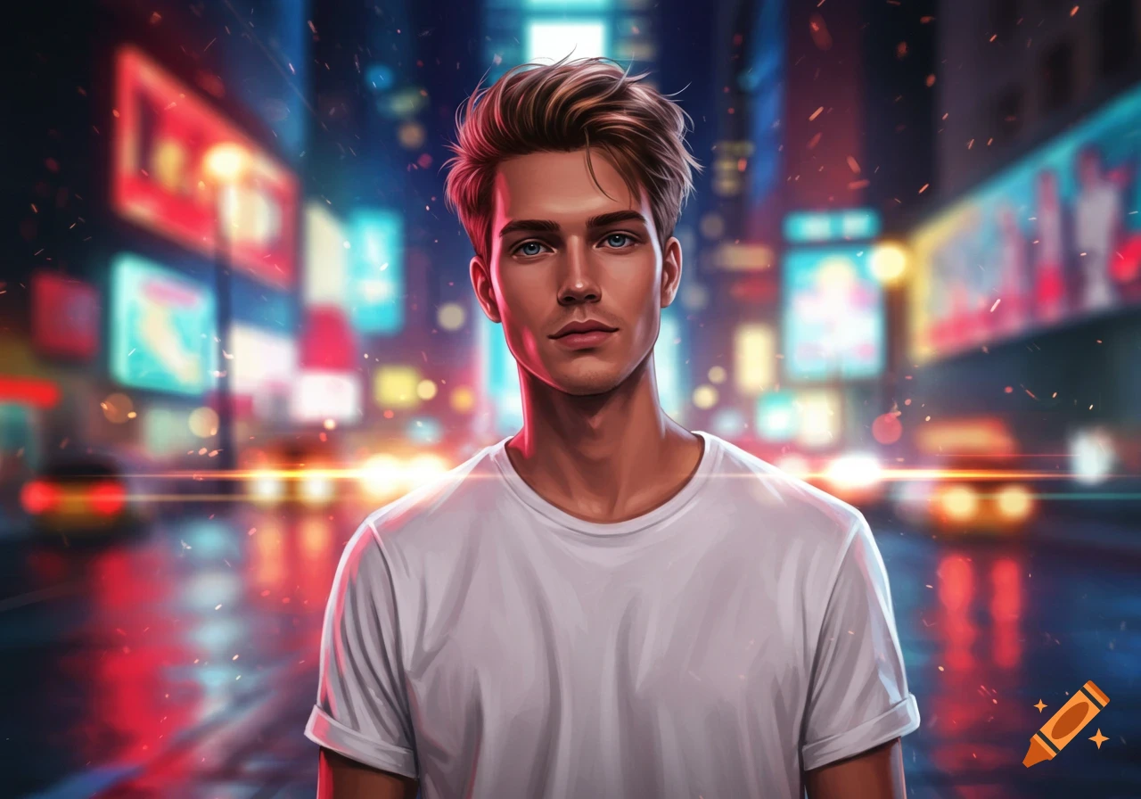 A handsome young man in a white t-shirt stands facing forward against a blurred, vibrant city night background with neon lights in a digital art style.