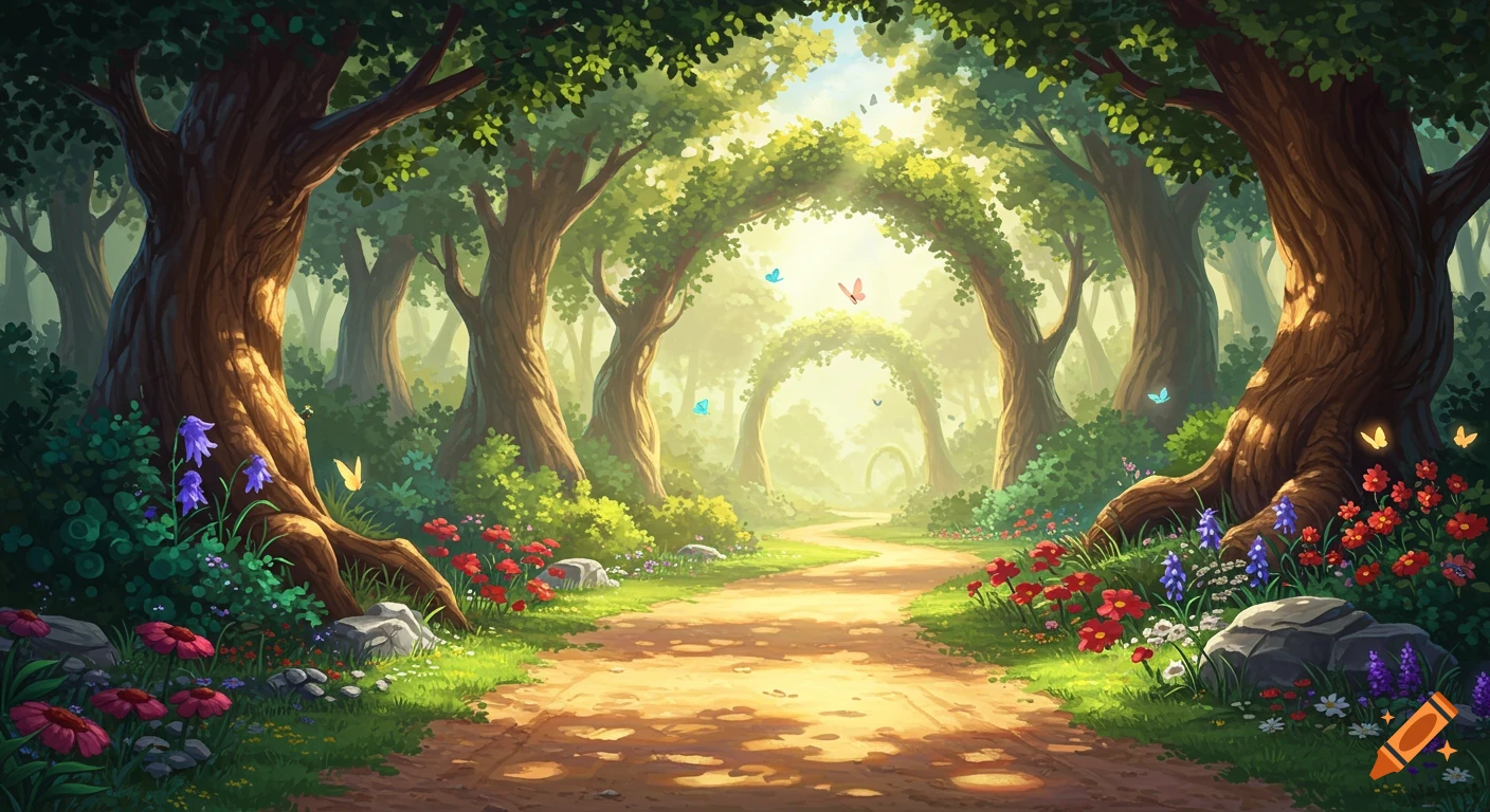 A whimsical dirt path winding through an enchanted forest with tall, arching trees, vibrant flowers, and butterflies in bright sunlight.