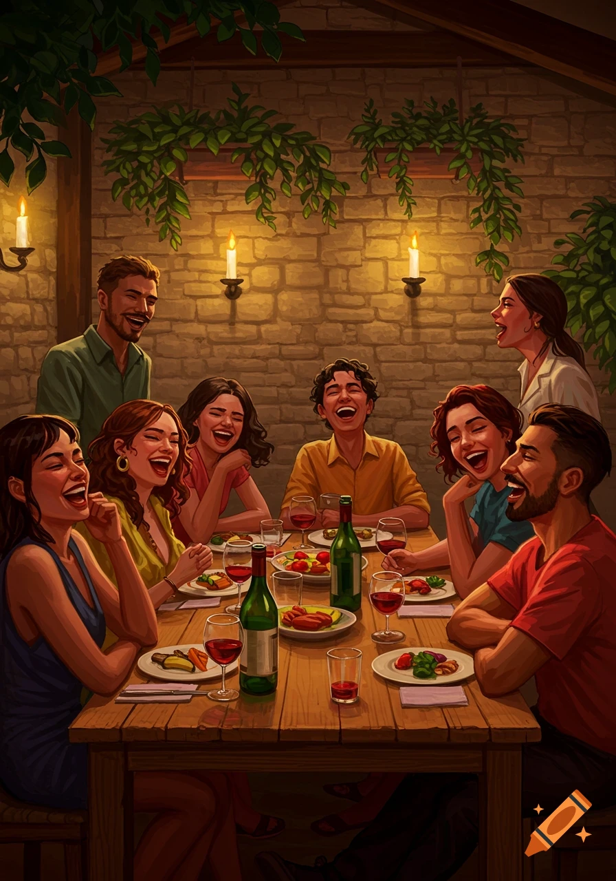 Digital illustration of a diverse group of eight friends laughing around a candlelit dinner table.