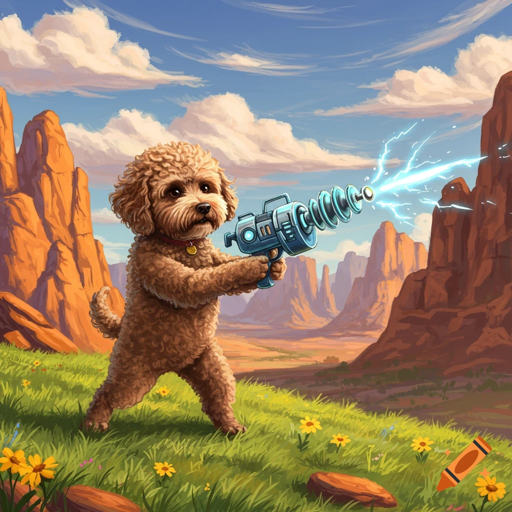 A fluffy brown dog stands in a grassy desert landscape, holding a futuristic ray gun and firing a blue energy beam.