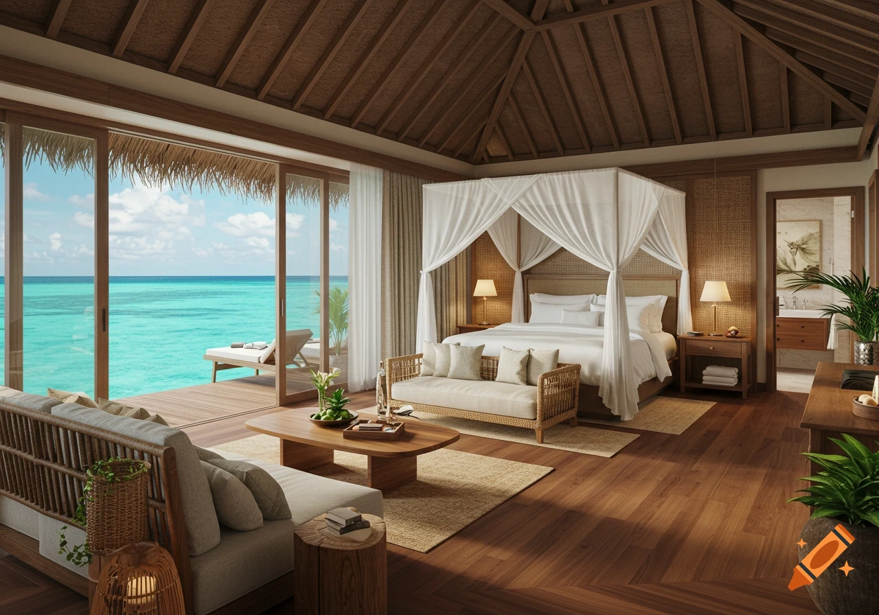 Luxury overwater suite with a king-sized bed, rattan furniture, and an open view of turquoise ocean and sky. Photorealistic.