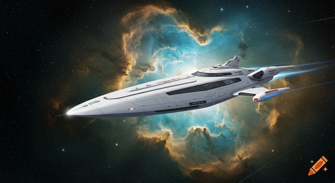 A sleek white starship with a pointed prow flies through space, set against a vibrant blue and orange nebula.