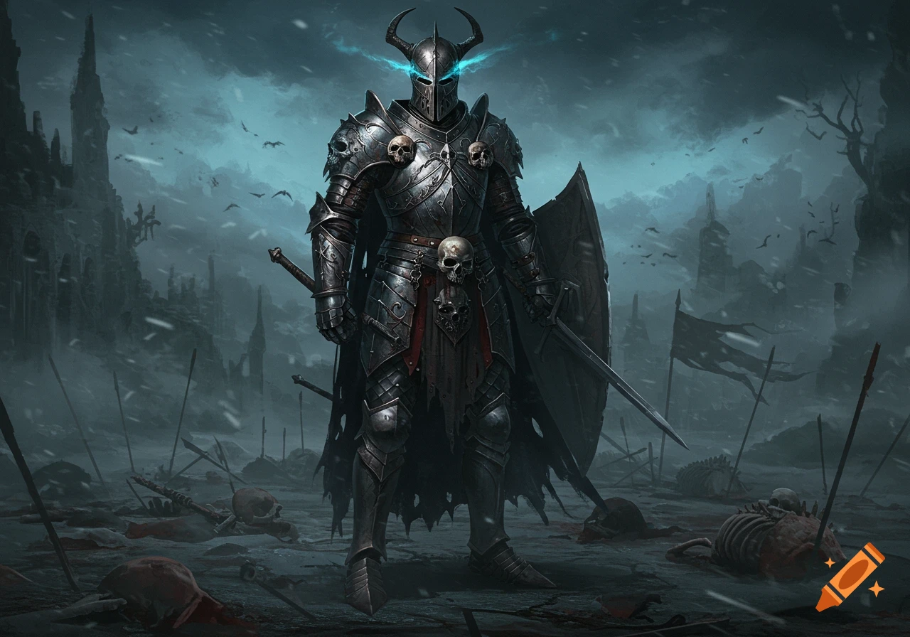 A formidable armored knight with glowing blue eyes stands on a dark battlefield filled with skeletons and ruins under a stormy sky, in a dark fantasy art style.