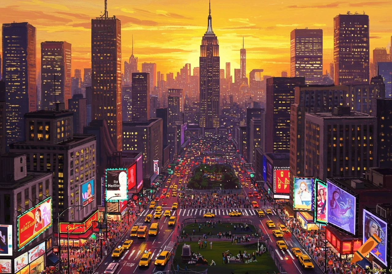 An illustration of a bustling New York City street at sunset, with yellow taxis on the roads, crowds of people, and tall skyscrapers under a vibrant orange sky, featuring the Empire State Building.