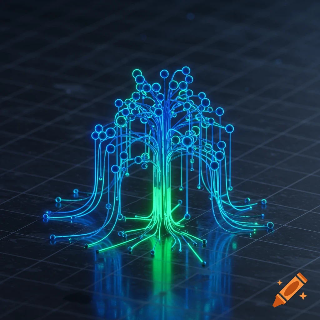 A glowing digital tree composed of blue and green lines and spheres on a dark, reflective grid surface.