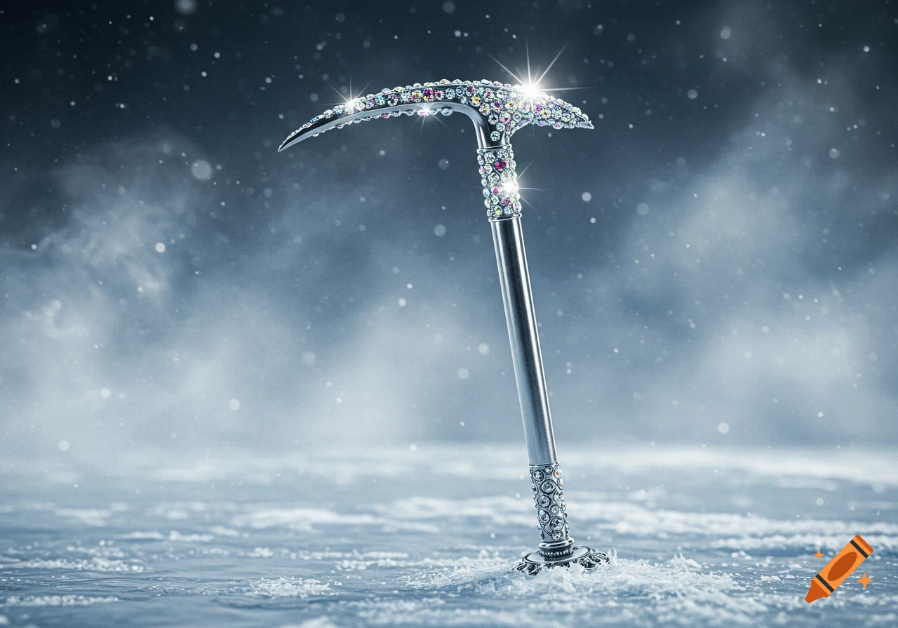A sparkling, bedazzled ice pick stands upright in a snowy, icy landscape with falling snow.