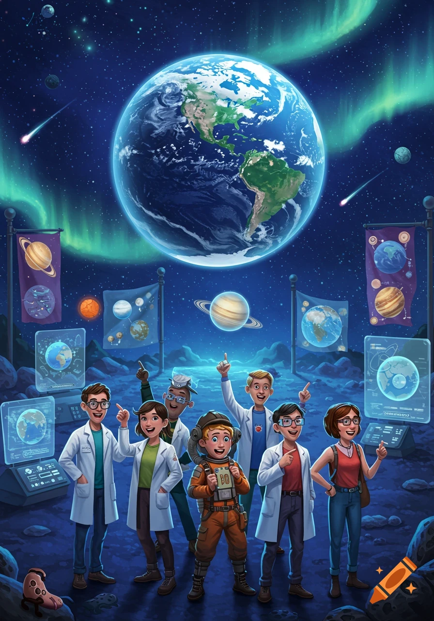 An illustration of six scientists and a child astronaut on an alien planet, gazing at a large Earth in space under a vibrant aurora, surrounded by holographic planet displays and banners.