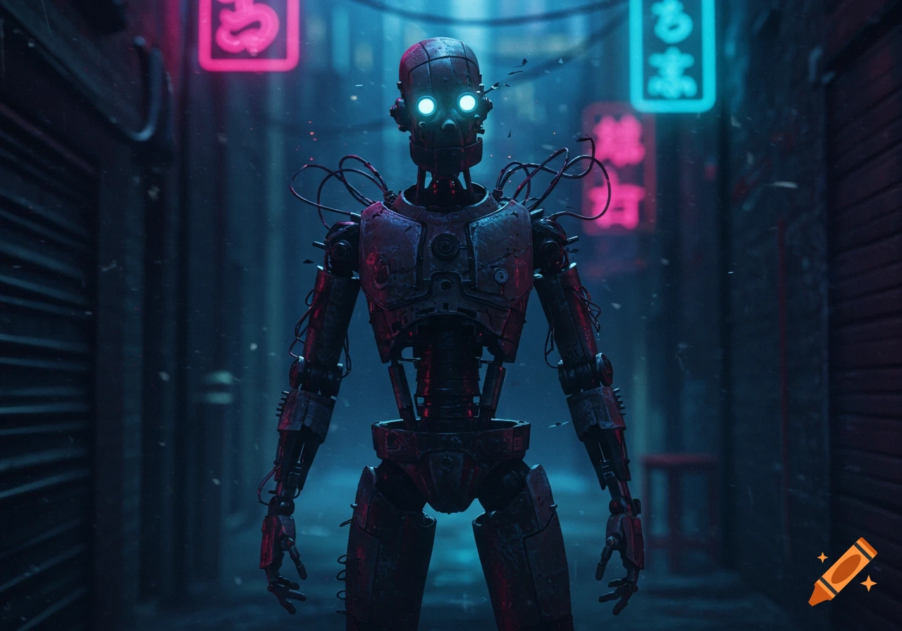 A detailed, rusty humanoid robot with glowing eyes stands in a dark, rainy cyberpunk alley under neon signs.