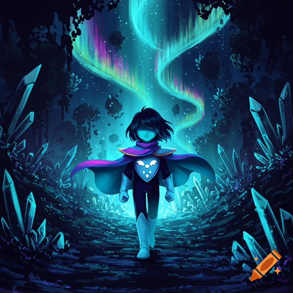 Kris from Deltarune walks through a glowing crystal cave under a vibrant aurora borealis.