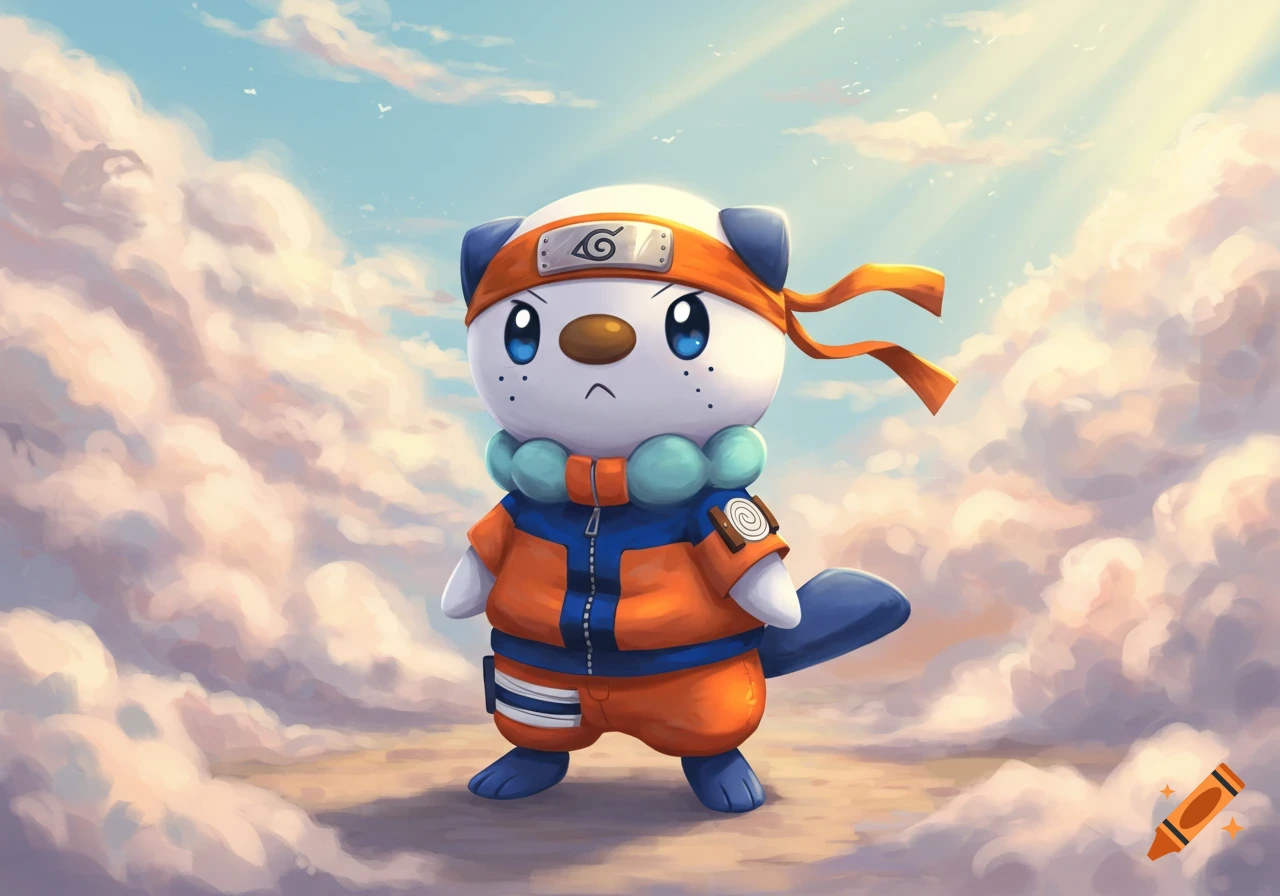 An adorable Oshawott from Pokémon dressed as Naruto Uzumaki from the anime Naruto, standing on clouds under a sunny sky.