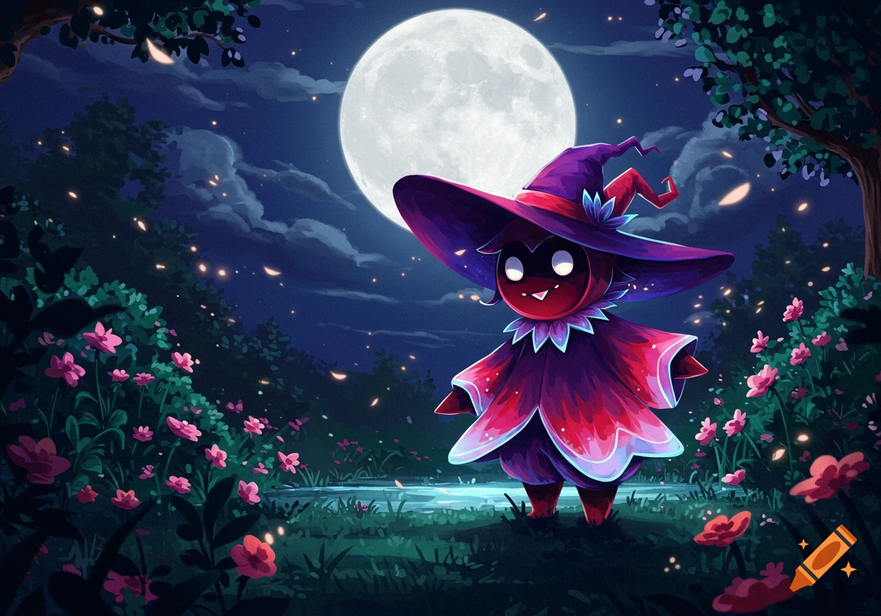 A cute, shadowy, red and purple creature wearing a witch hat stands in a magical glowing forest at night under a full moon.