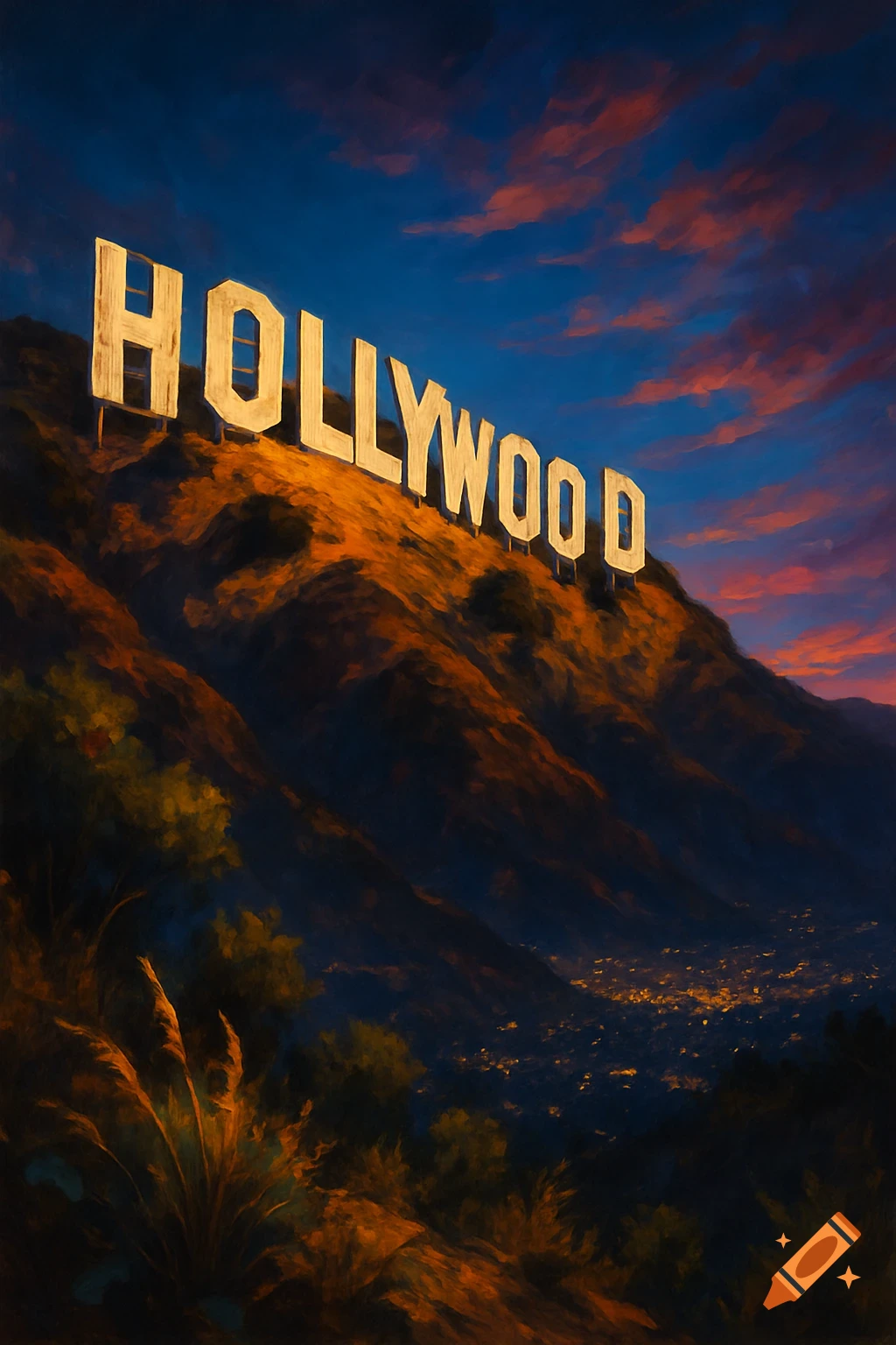 Artistic painting of the Hollywood sign on a hill at sunset with a vibrant sky and city lights below.