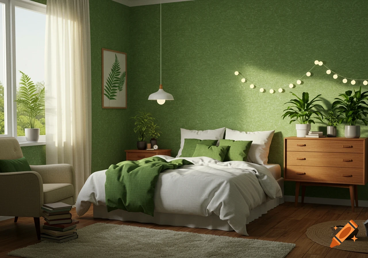 A cozy bedroom with green textured walls, a white bed with green pillows, various potted plants, an armchair, and a window.