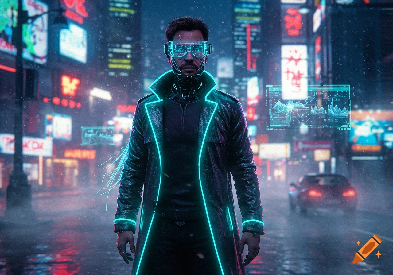A man in a black trench coat with bright neon blue outlines and futuristic goggles stands in a rainy, neon-lit cyberpunk city at night.