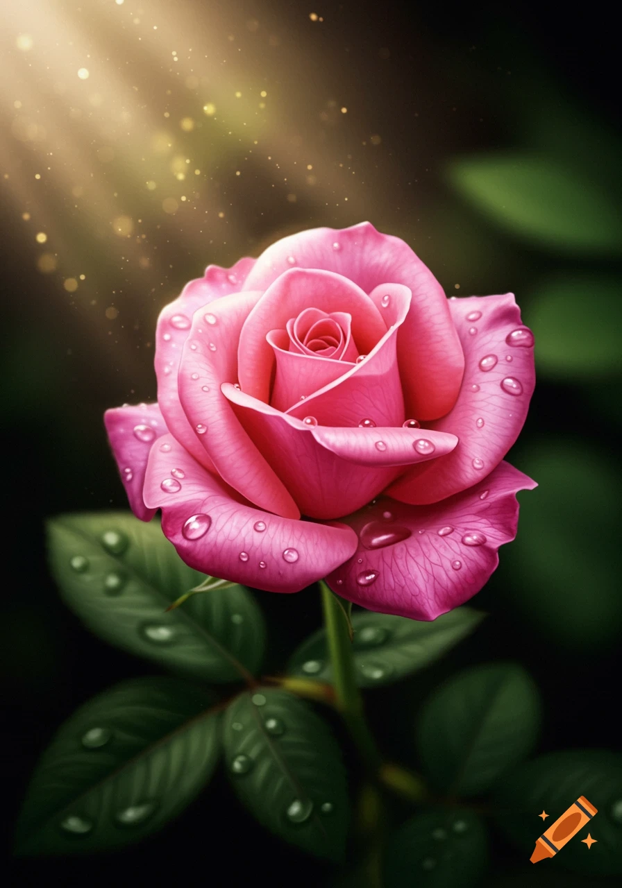 A photorealistic close-up of a vibrant pink rose with water droplets on its petals and leaves, illuminated by golden light rays.