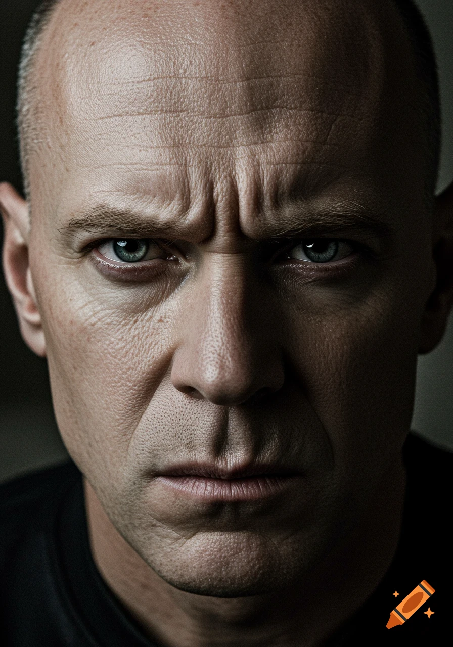A photorealistic close-up portrait of a man with a stern, frowning expression and intense eyes.