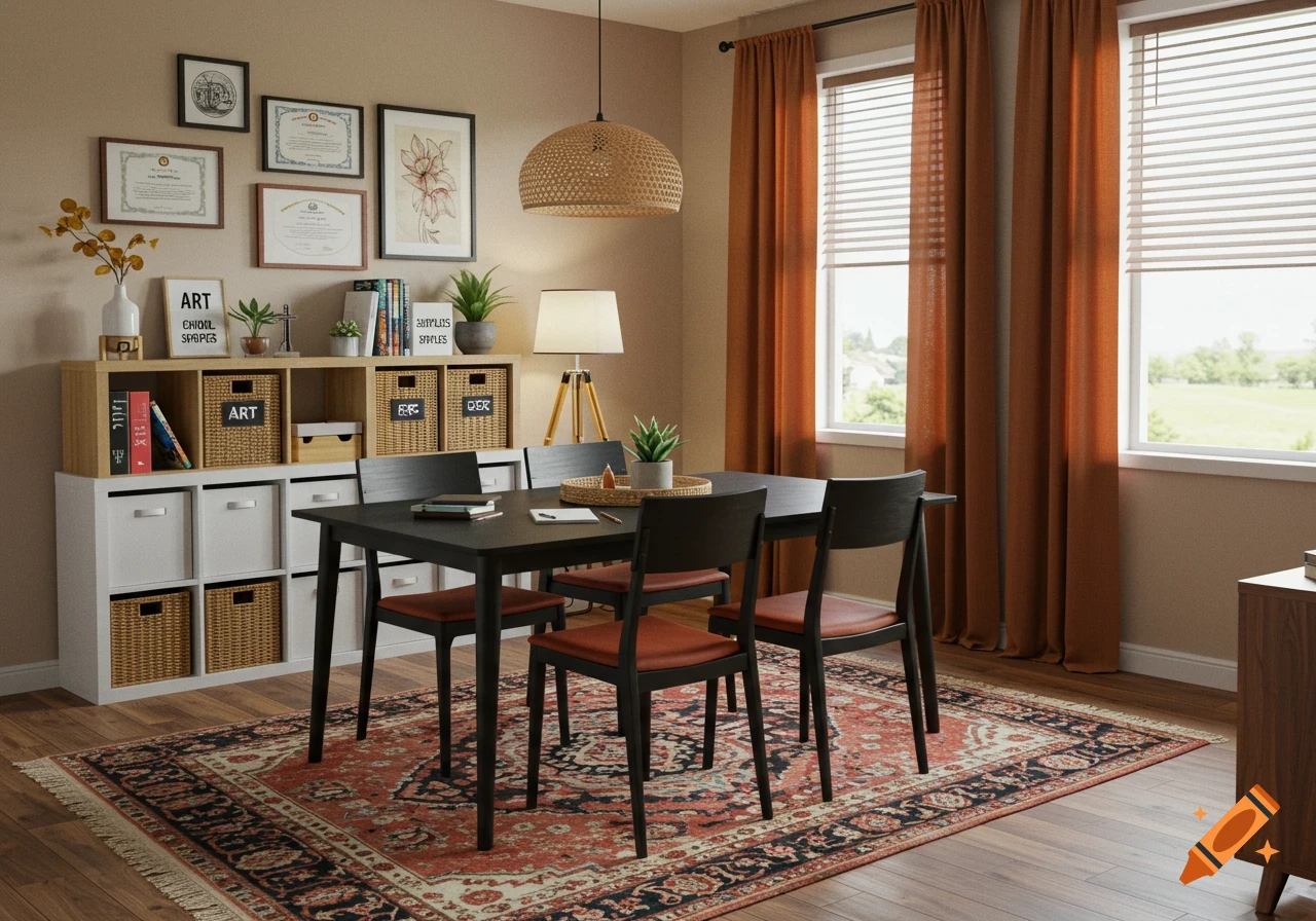 A warm, cozy family dining area with a black rectangular table, rust-colored chairs, and a tribal patterned rug. A cube shelf with labeled bins and framed art decorates the wall, next to windows with rust curtains.