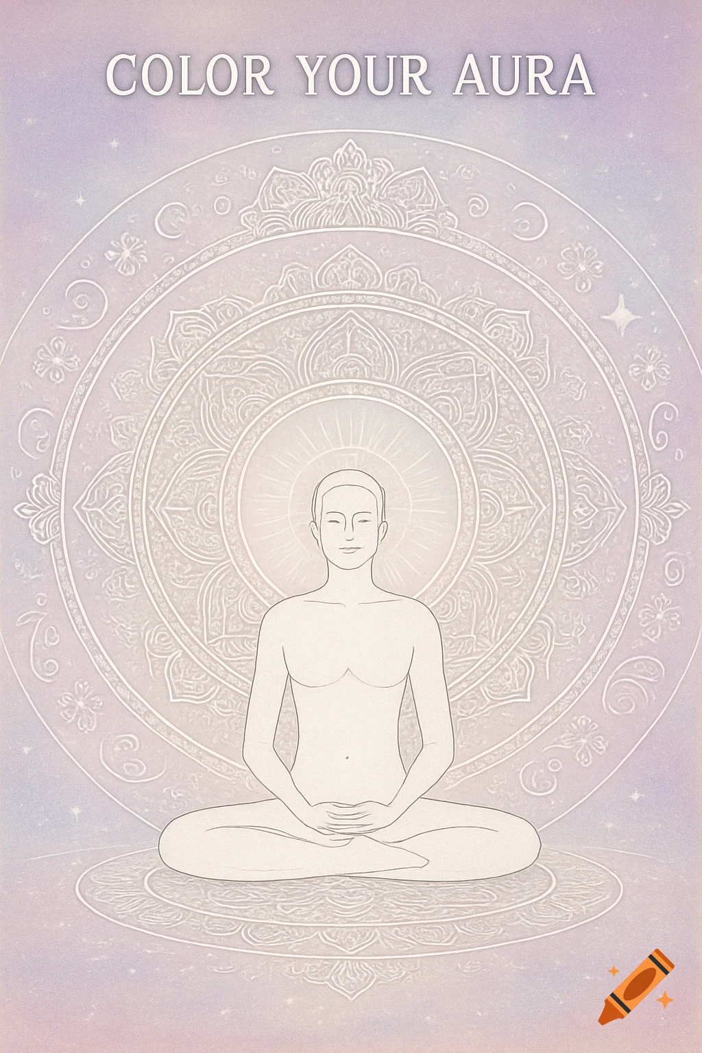 Outline of a meditating figure in lotus pose with a mandala background and text 'COLOR YOUR AURA'.