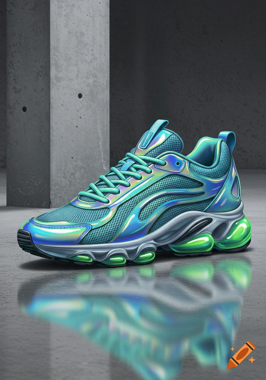 A single iridescent blue and green athletic shoe with a chunky sole sits on a concrete floor with a reflection.