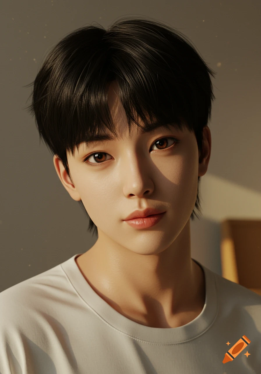 A photorealistic portrait of a young Korean boy with dark hair looking at the camera, bathed in warm light.