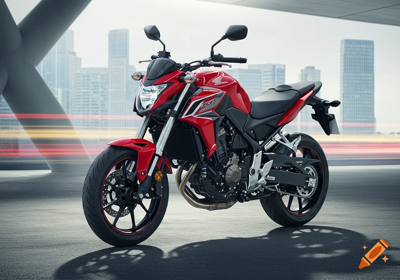 A photorealistic red Honda motorcycle parked on a street with a city skyline and concrete structure in the background.