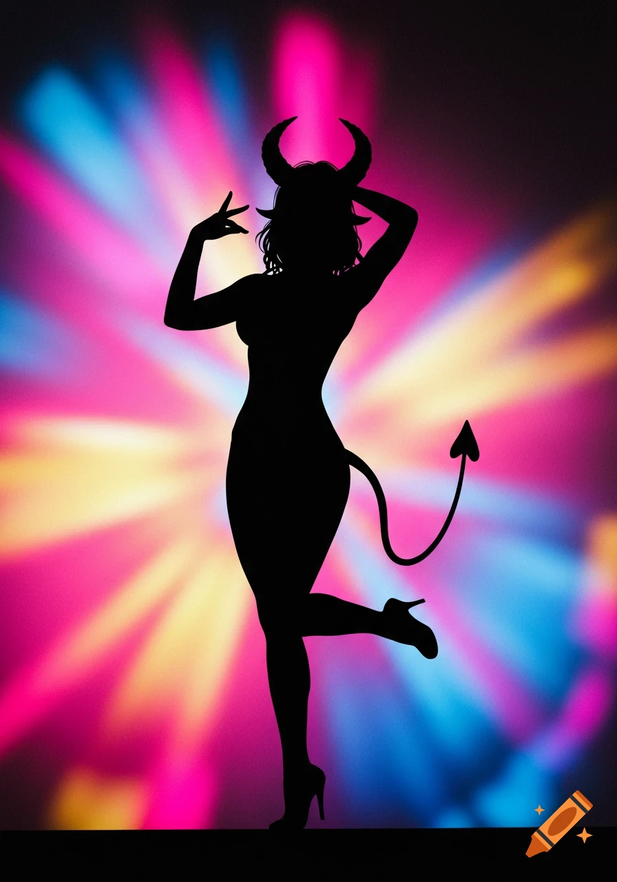 A black silhouette of a woman with horns and a devil tail, posing against a vibrant, multi-colored light ray background.