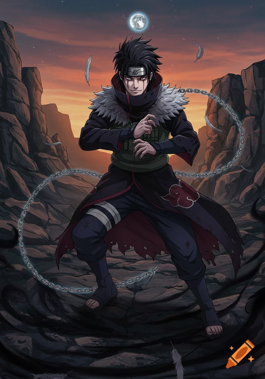 An anime-style male ninja with black hair and red markings under his eyes, wearing a dark cloak and flak jacket, stands in a rocky canyon with glowing chains and feathers around him, under a full moon.