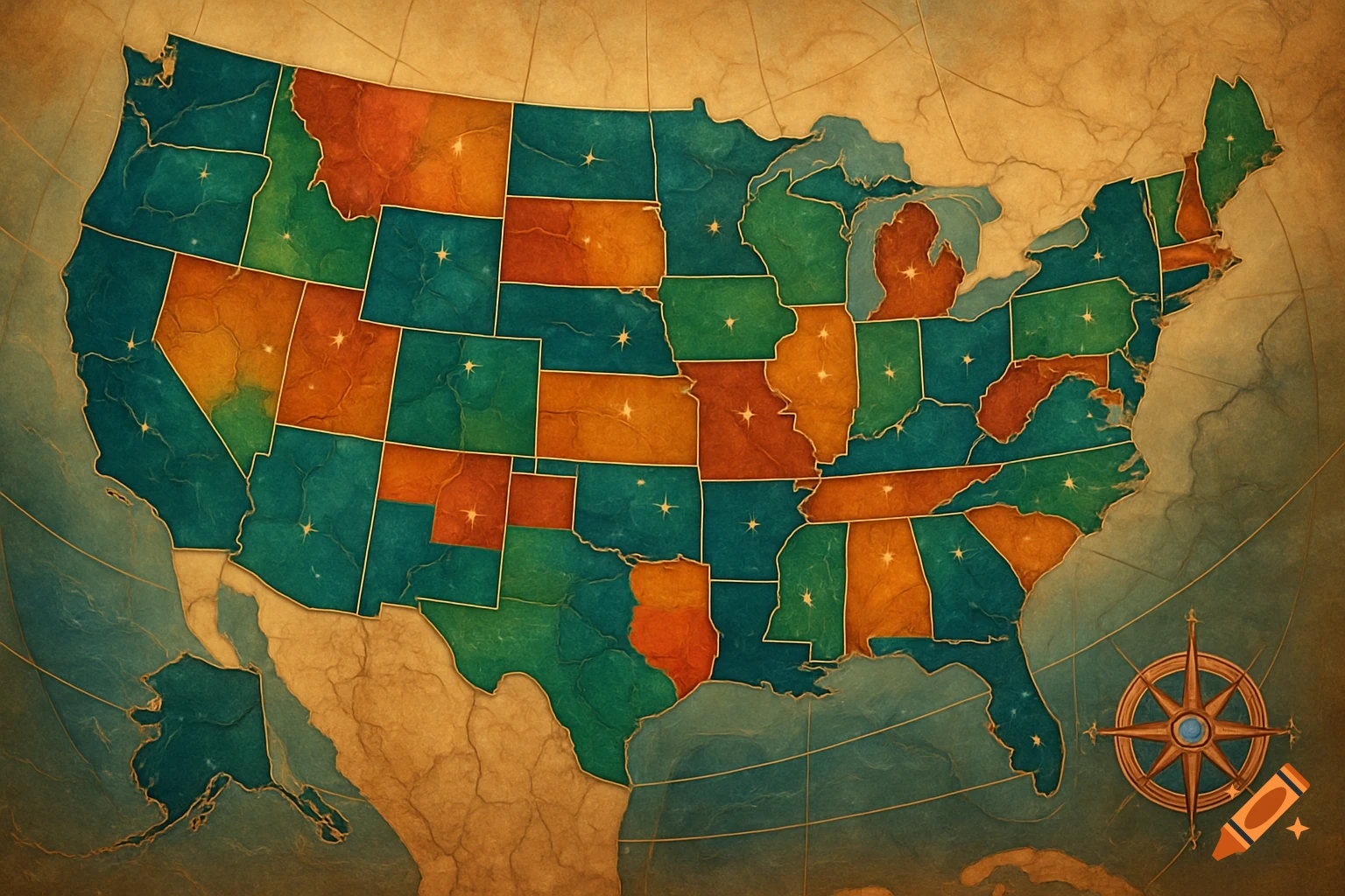 A vintage-style map of the United States, colored in alternating shades of teal, orange, and red, with numerous abstract internal divisions, and a compass rose in the lower right.
