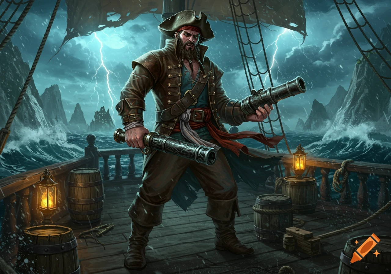 A bearded pirate in a long coat holds two cannon-like objects on a stormy ship deck with lightning in the sky.