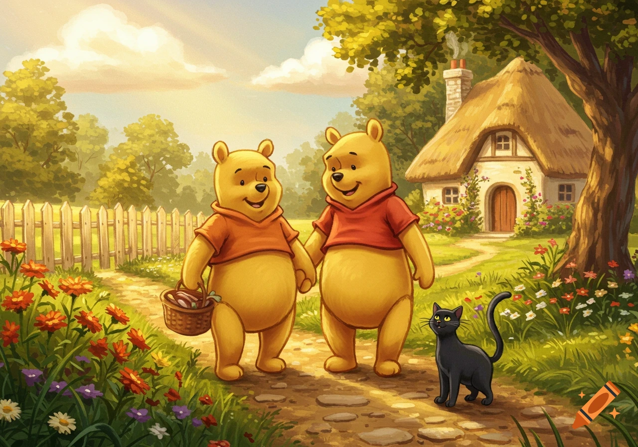 Two Winnie the Pooh characters and a black cat on a sunny path leading to a thatched-roof cottage in a lush, cartoon-style landscape.