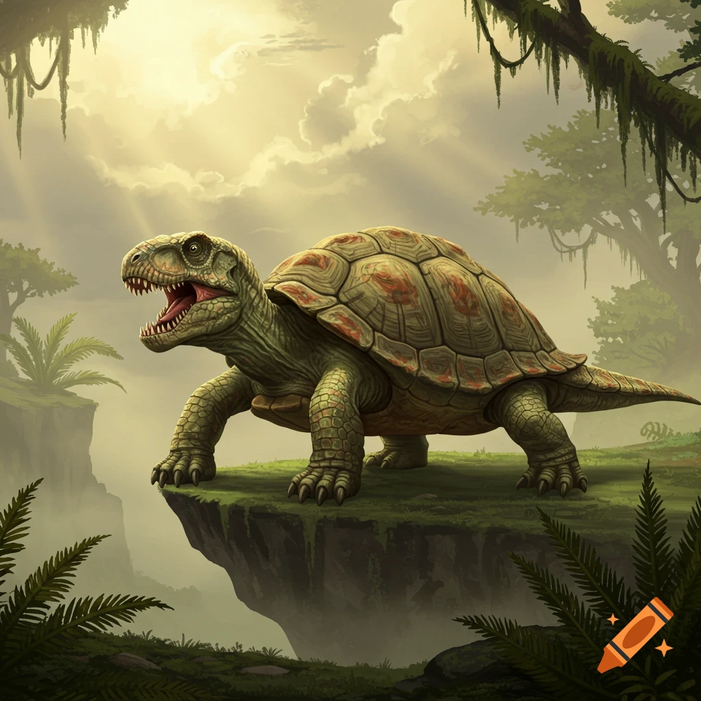 A large, green T-Rex-like turtle with an open mouth stands on a cliff in a misty jungle with sunlit skies.