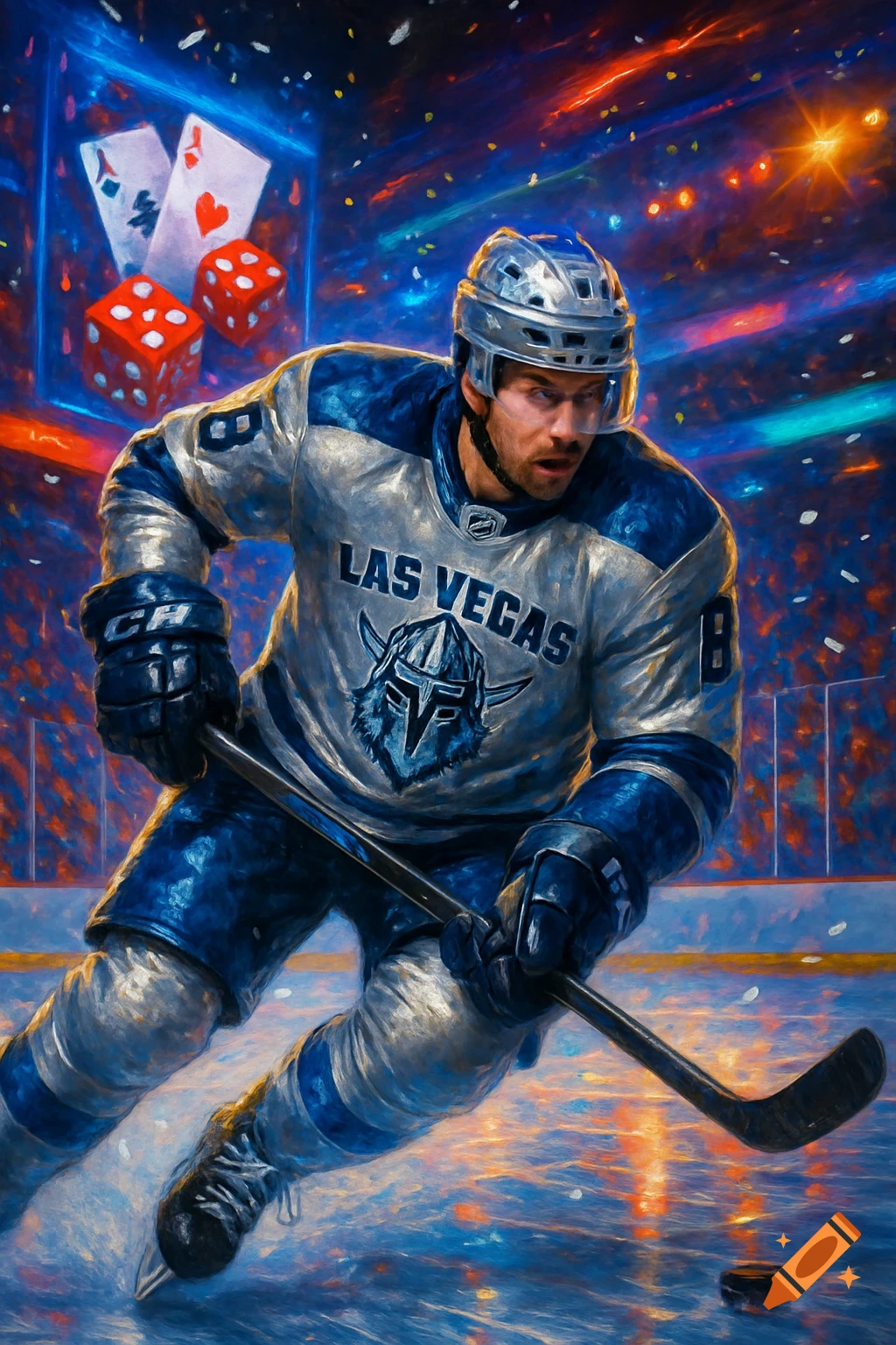 A hockey player in a 'Las Vegas' jersey skates on an ice rink, with casino cards and dice in the background, in a painterly style.