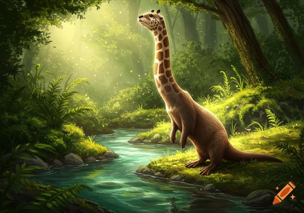 A fantasy creature with an otter's body and a giraffe's neck and head stands by a stream in a lush, sunlit forest.