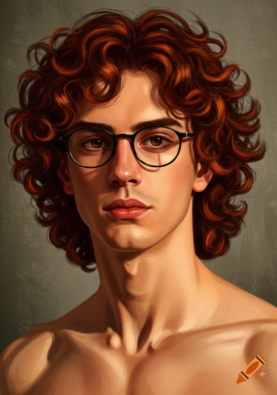 A detailed artistic portrait of a young man with curly red hair and round black glasses, showing his sculpted shoulders.