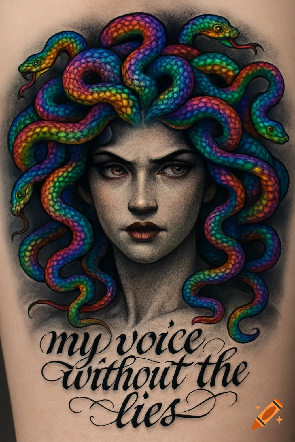 A colorful depiction of Medusa with rainbow-colored snakes for hair and the text 'my voice without the lies' below.