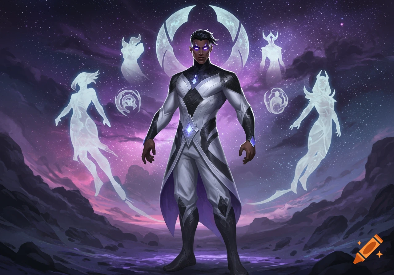 A stylized fantasy drawing of a hero in white, black, and lavender armor standing against a starry purple sky with ethereal spirit figures floating around him.