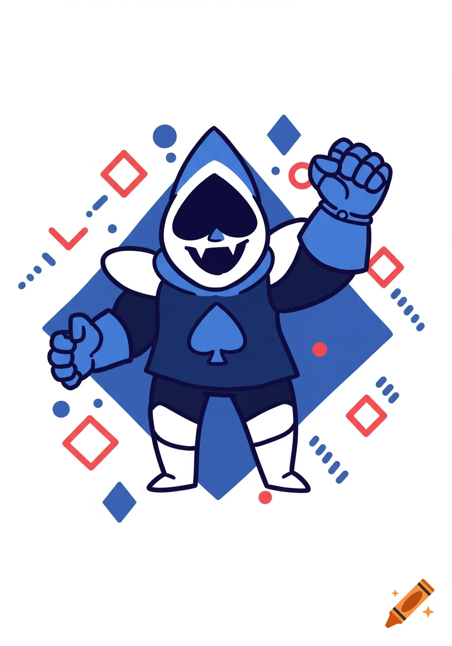 Cartoon illustration of Lancer from Deltarune, a blue and white character with a spade symbol, raising a fist against a geometric background.