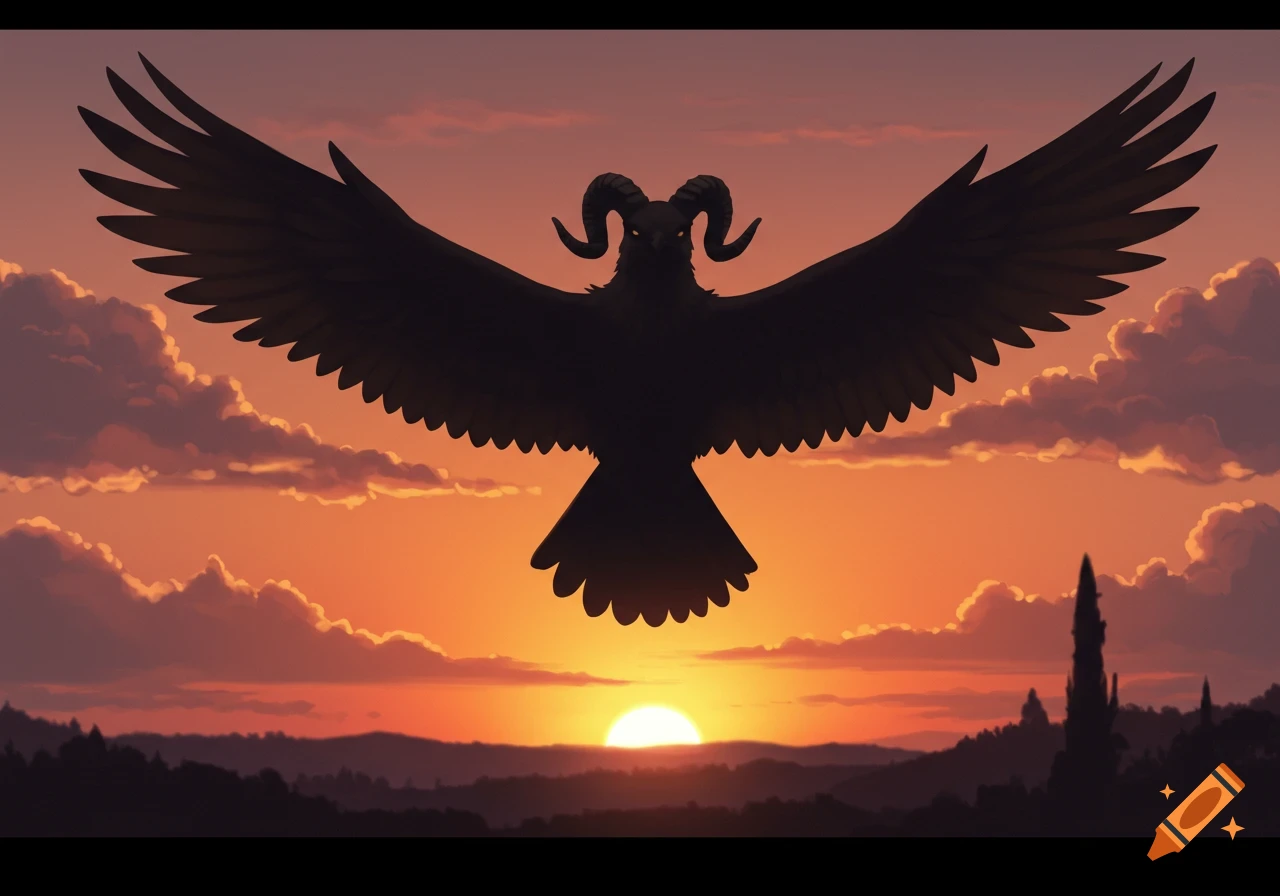 A silhouette of a horned bird creature with large wings spread against a vibrant orange and purple sunset over mountains.