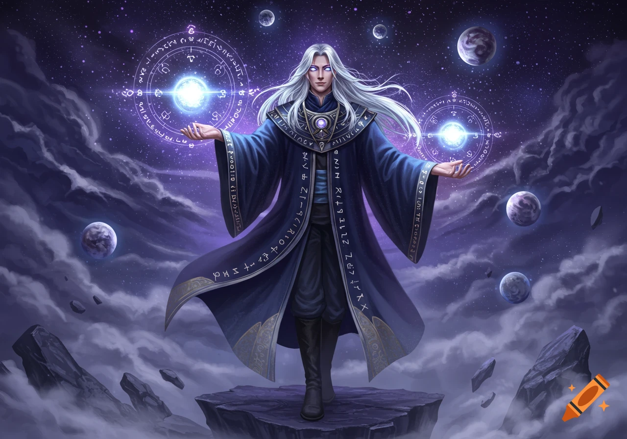 A white-haired wizard in a blue robe stands on a floating rock in a starry cosmic sky, casting glowing purple spells with runes around them.