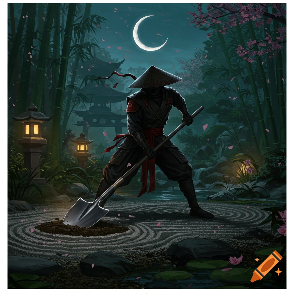 A ninja in a conical hat and black attire digs a hole with a shovel in a serene Japanese garden at night under a crescent moon, surrounded by bamboo and cherry blossoms.