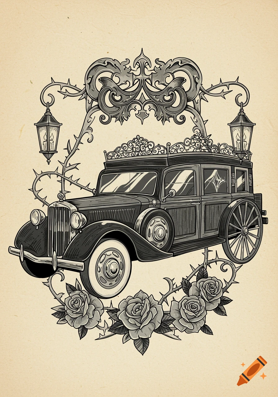 A vintage hearse illustration in tattoo art style, surrounded by thorny vines, lanterns, and roses on a beige background.