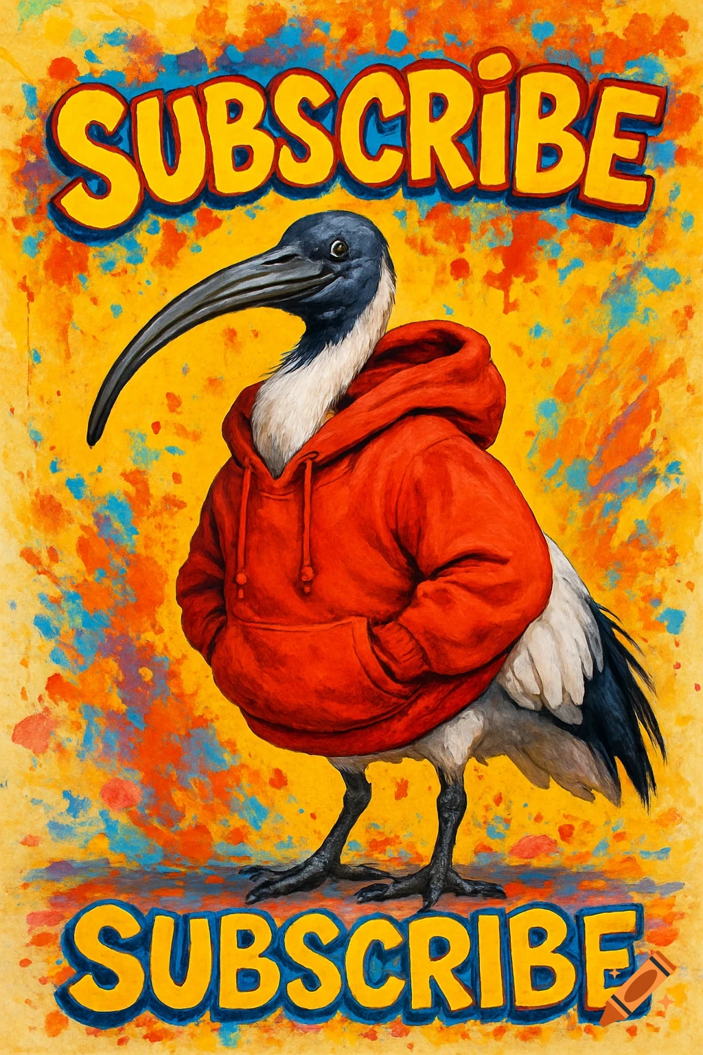 Illustrative ibis in a red hoodie on a vibrant paint-splattered background with 'SUBSCRIBE' text top and bottom.